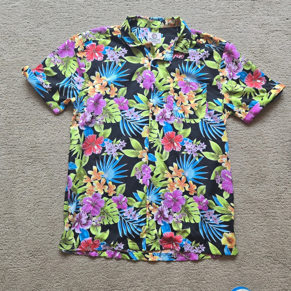 Resolution Clothing Mens Large Tropical Floral Hibiscus Button Down Shirt Black